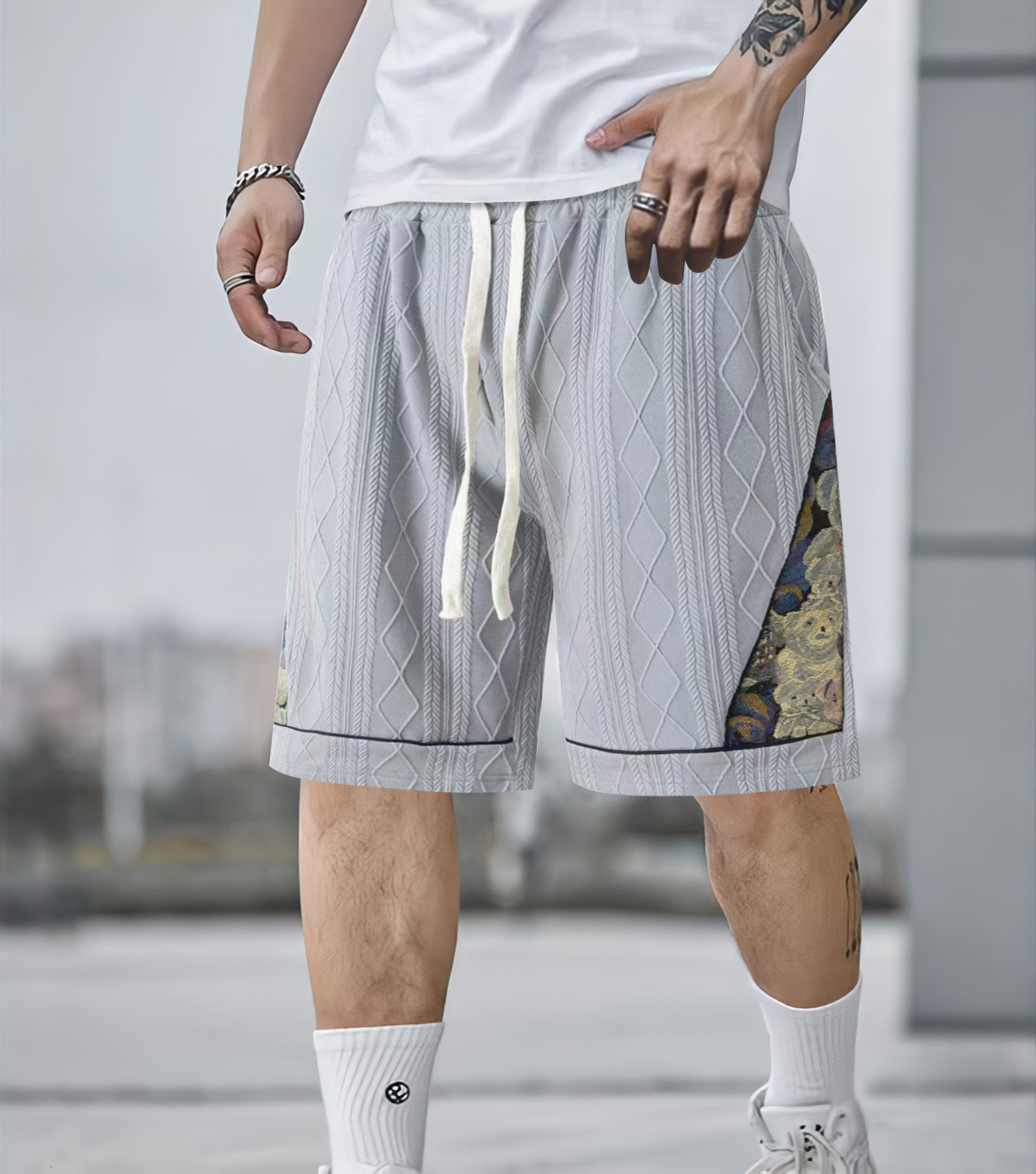 2025 Summer New Casual Jacquard Color blocked Men's Pentagram Shorts