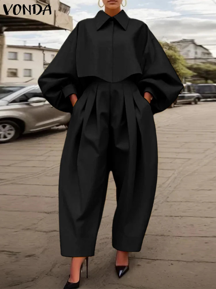 Plus Size 5XL VONDA Women Pants Sets Casual Loose Turn-down Collar Tops Elastic Waist Wide Leg Pant Outfits 2025 Women Suits 250410