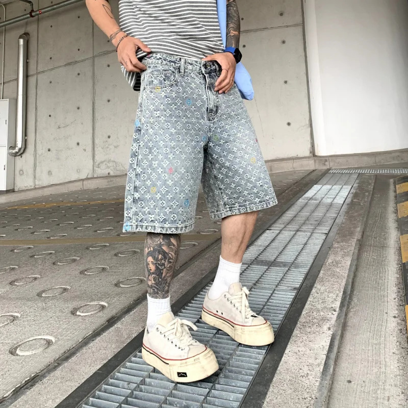 14003 Summer American Ted Jacquard Loose Casual Fashion Straight Blue Washed Cowboy Shorts 250414