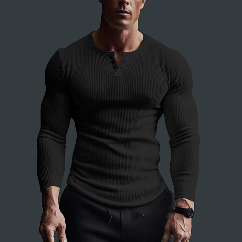 Mens Long sleeved Top Fitness High Elastic Bottom Shirt Mens Stapled V-neck Solid Large Casual T-shirt