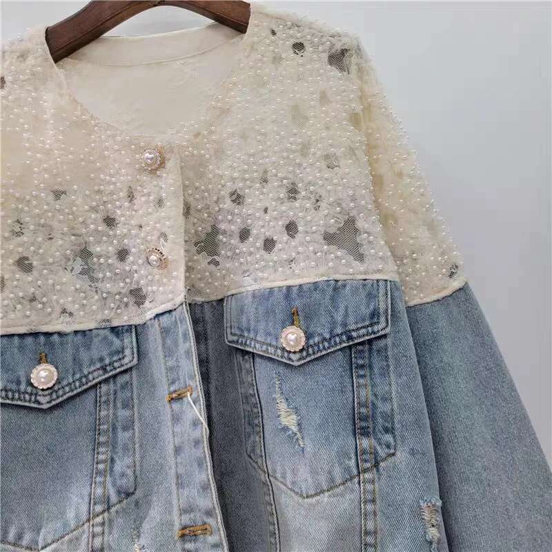 DEAT Women's Denim Coat Patchwork Lace Pearls Elegant Single Breasted Broken Holes Jackets 2025 Summer New Fashion 29A797