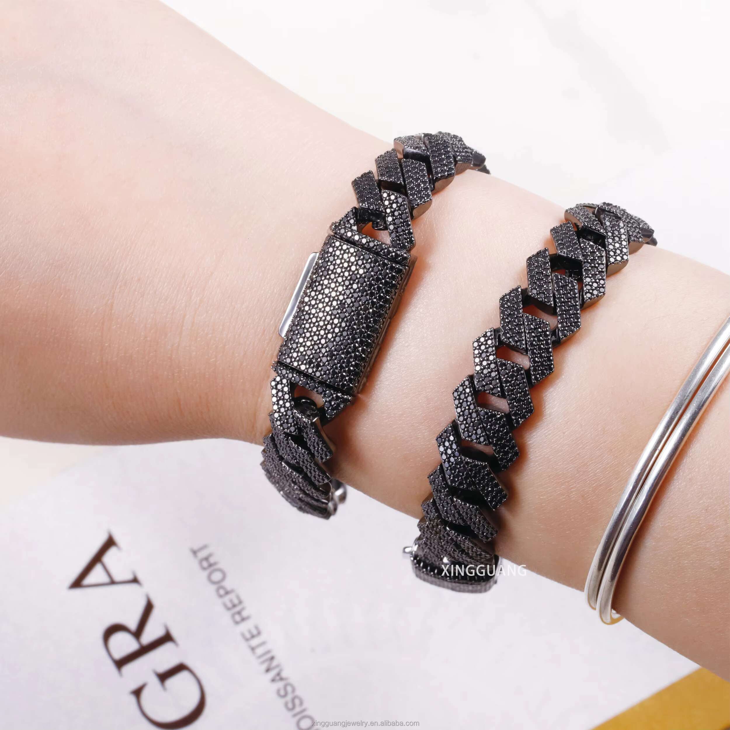 Mystic Black Diamond 15MM 3Rows Black Gold Plated 925 Silver Pass Diamond Test VVS Moissanite Cuban Link Chain Bracelet Jewelry