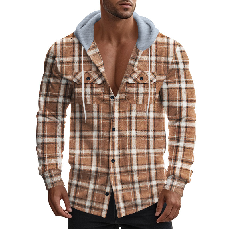 American plaid men's autumn and winter hooded flannel jacquard shirt casual jacket men