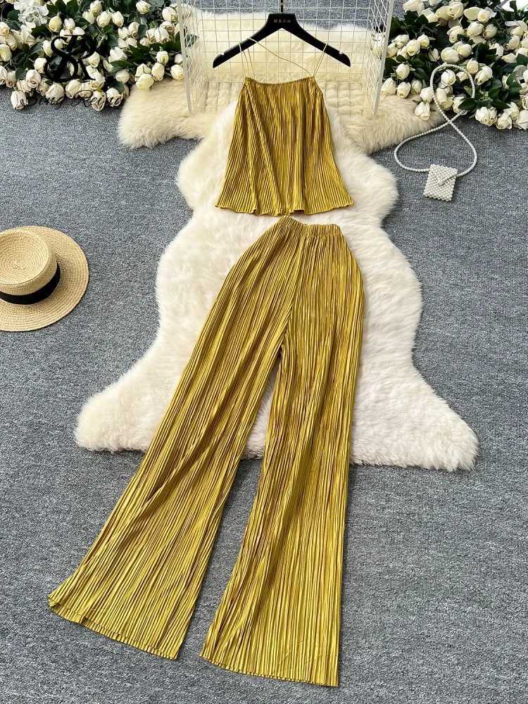 SINGREENY Womens Summer Casual Two Piece Set with Waist Belt Loose Top+Elastic Wide Leg Pants Bohemian Chic Folded Home ClothesXJ250414