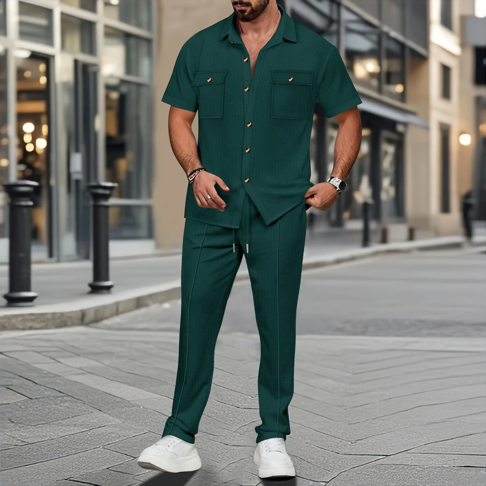 2025 summer men light ripe casual solid color button pocket fashion Waffle trend shirt short-sleeved trousers two-piece set 250409