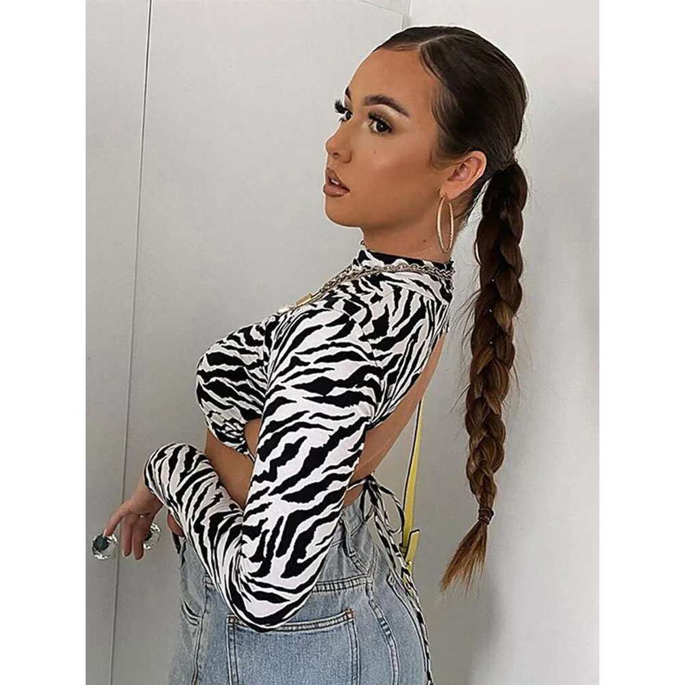 Animal Zebra Print Backless Cropped Tshirt Women Sexy Long Sleeve T-shirt Ladies Fashion Crop Tops Tees Streetwear