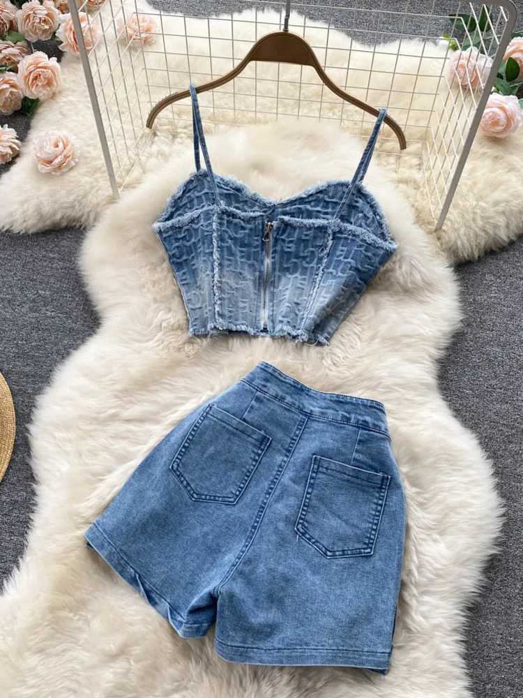 Womens Summer Sexy Denim Set Strapless Sling Zipper Design Crop Top + Short Button Mini Shorts Skirt Jeans Two Piece SuitsT250321