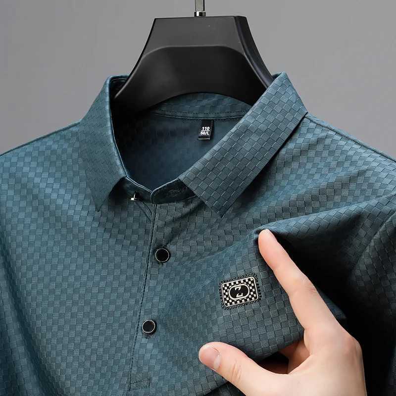 Smart Casual Summer New Mens Turn down Collar Button Plaid Ice Silk Simplicity Loose Short Sleeve Polo Shirt Top W250414
