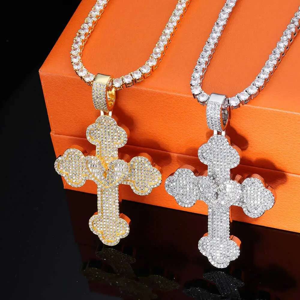 Hip Hop New Fashion Big Full Iced Out Bling Cross Pendant 5A Cubic Zirconia CZ Heart Broken Cross Men Pendant Necklace Jewelry