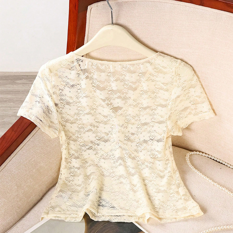 Womens 2025 Summer Style Sexy Lace Shirt Short Sleeve Beach Top for Women