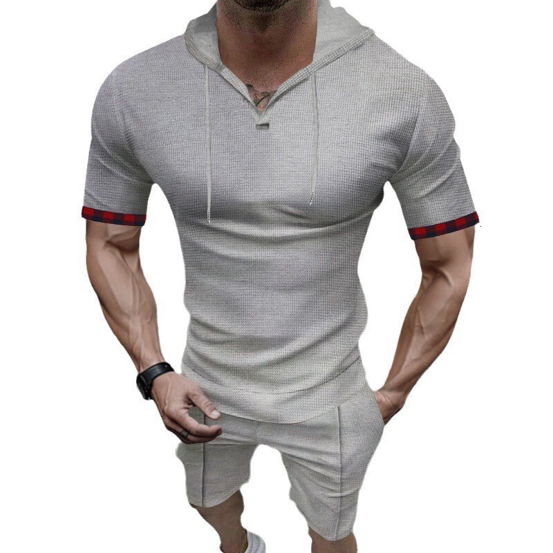2025 Summer New Men's Waffle Hooded Short sleeved Shorts Casual Sports Set for Men
