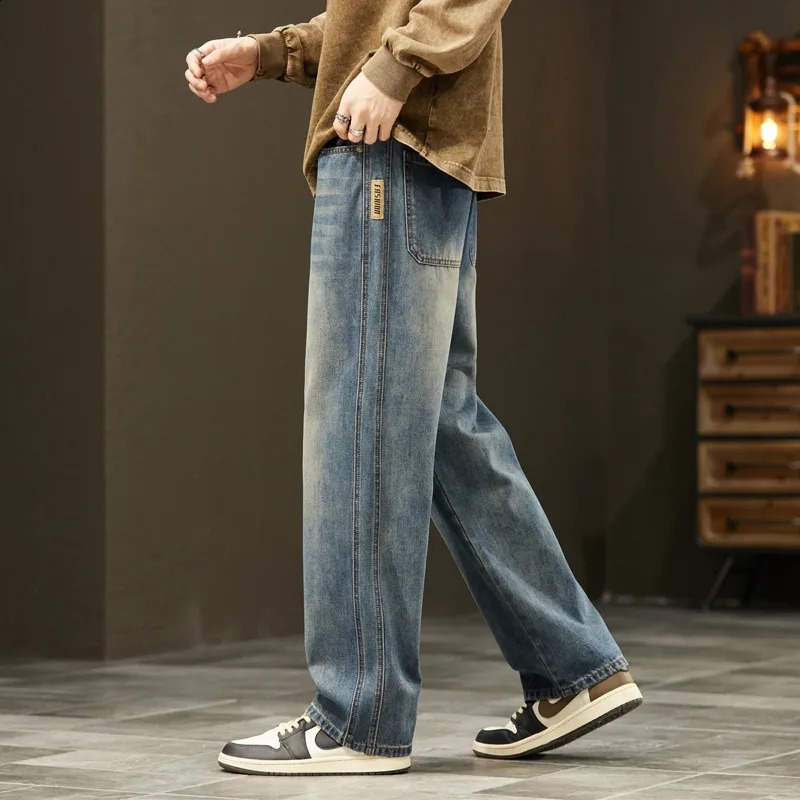 2025 Distressed Retro Blue Jeans Mens Wide Leg Denim Large Street Clothing Fashion Casual Bag Straight 250407