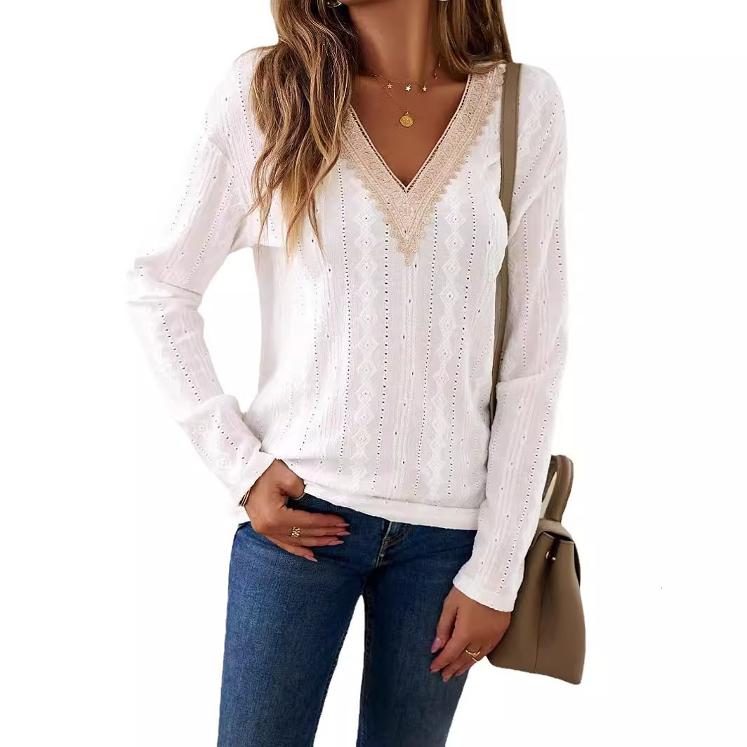 2025 Early Spring V-neck Lace Splicing Jacquard T-shirt with Elegant Casual Women's Top