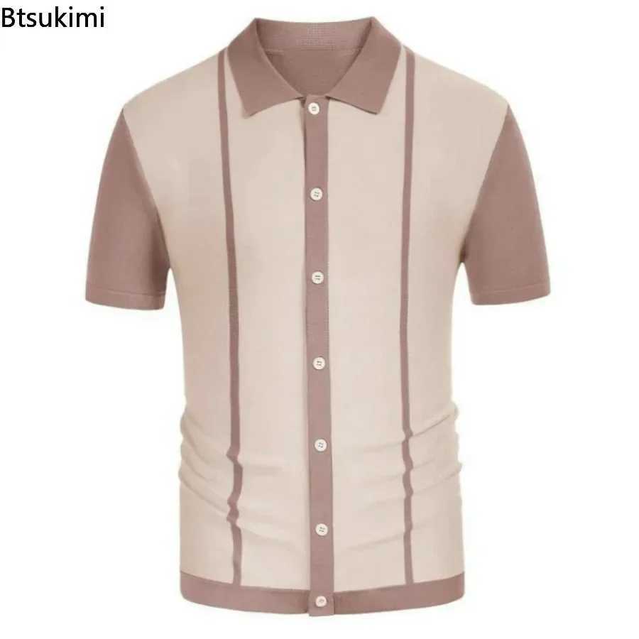 2025 Summer Mens Casual Shirt Knitted Patchwork Striped Polo Shirt Mens Flip Collar Button Slimming Top Ice Silk T-shirt W250414