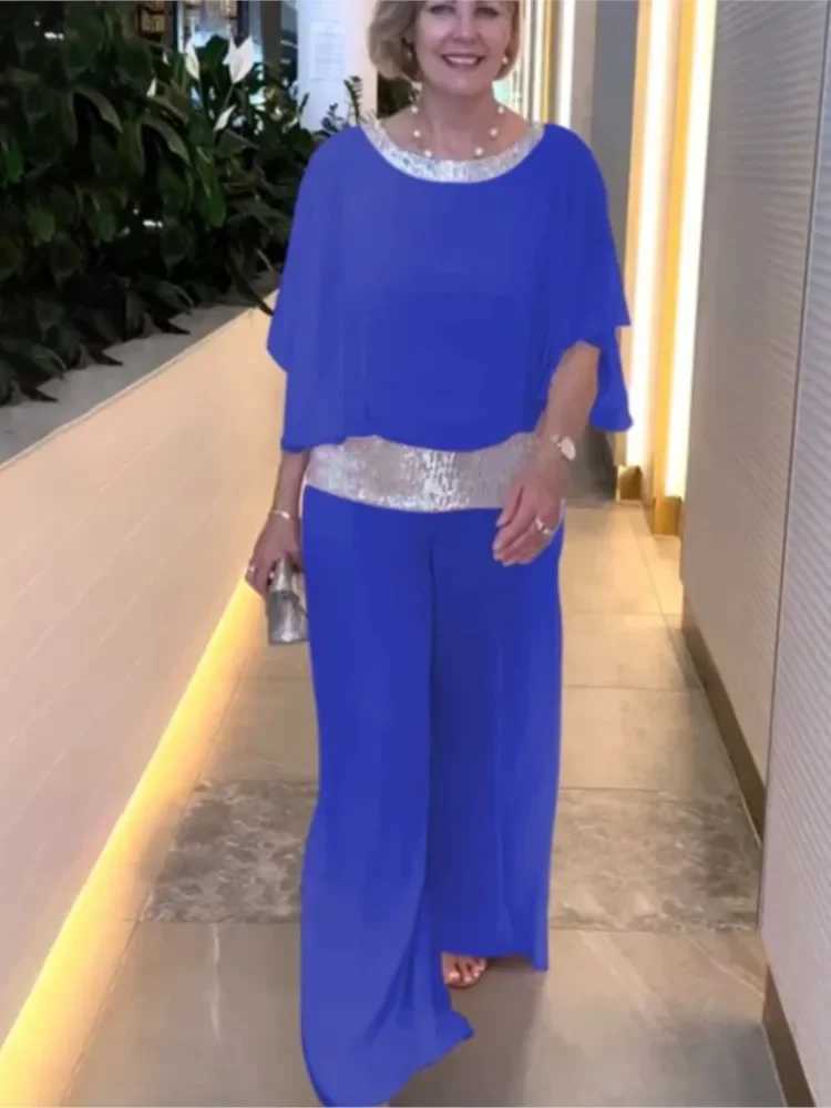 Summer fashion new Ele womens chiffon set round neck sequin color bat shirt wide leg pants set fashion two-piece setXJ250414