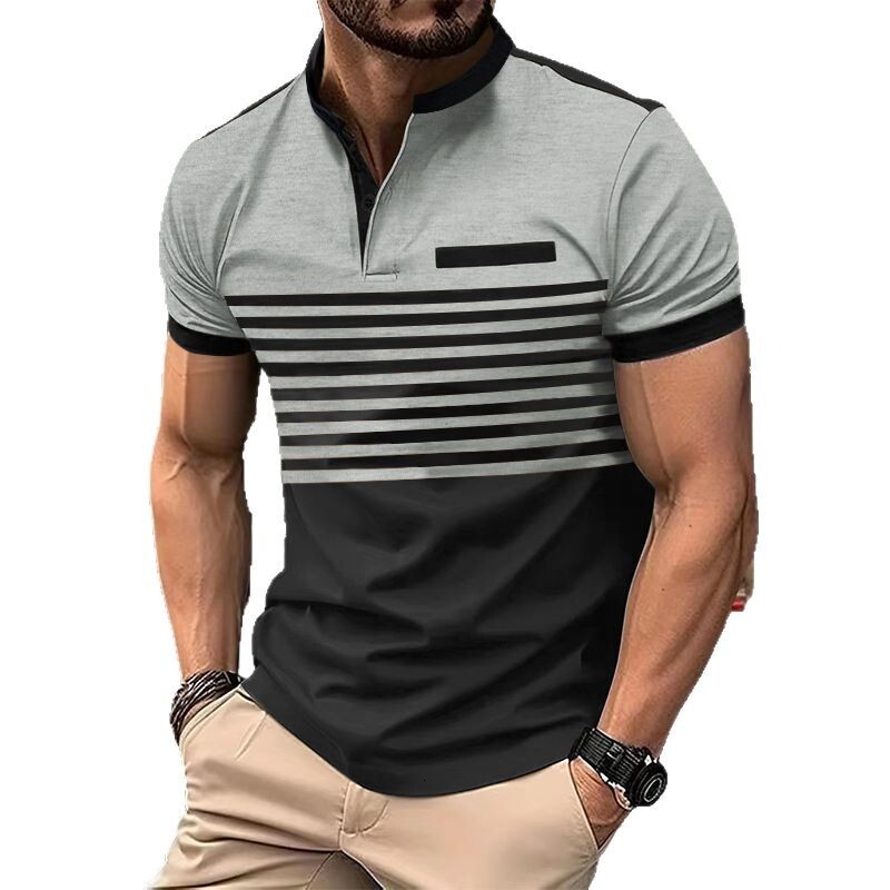 New contrasting striped short sleeved men's casual POLO shirt V-neck button top for men