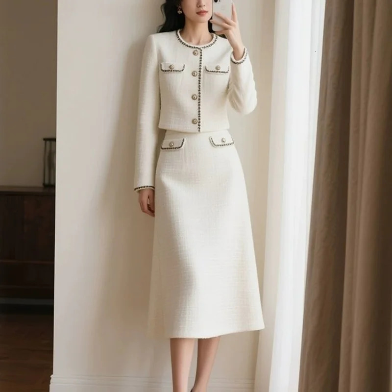 BAFU White Tweed Suit Womens Patchwork Pocket JacketElastic Waist Midi Skirt Autumn OL Elegant Party 2Piece Set 866P 251113
