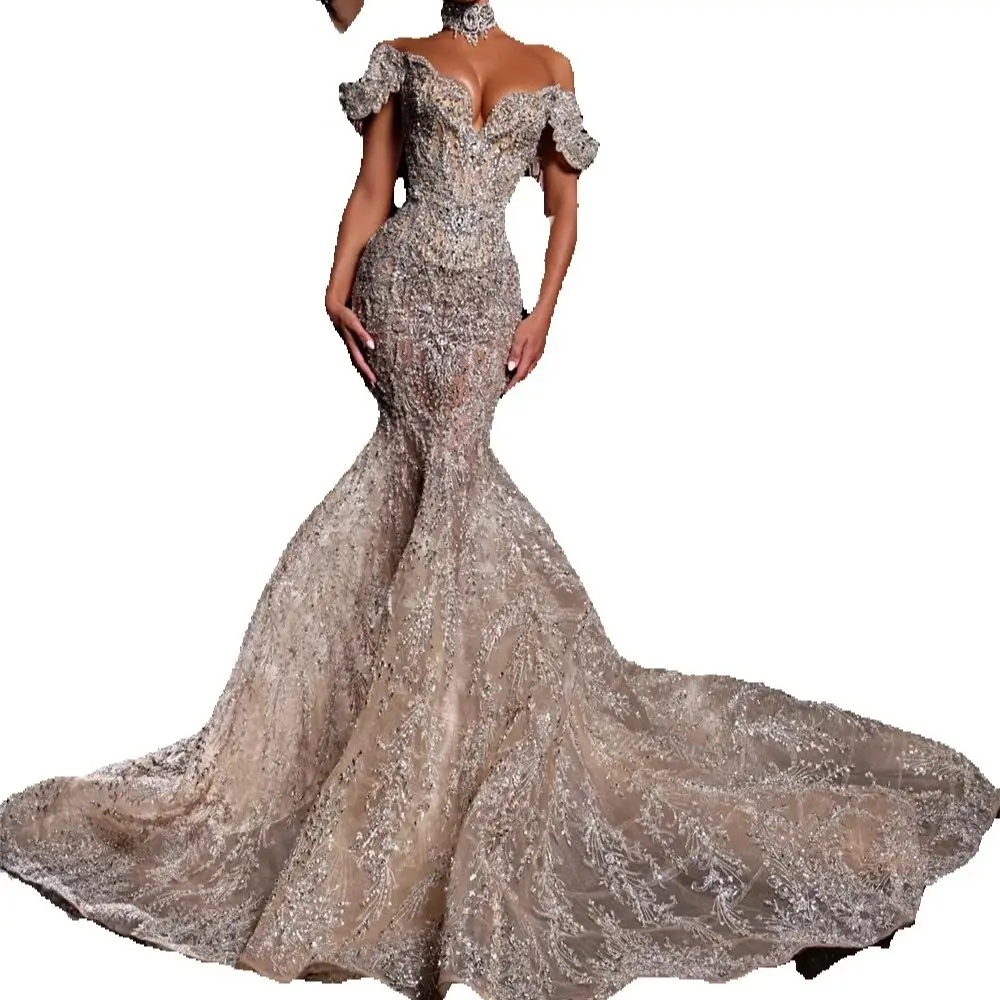 Gorgeous Sequined Mermaid Wedding Dresses Exquisite Off The Shoulder Bridal Gown Illusion Vestido De Novia Customized
