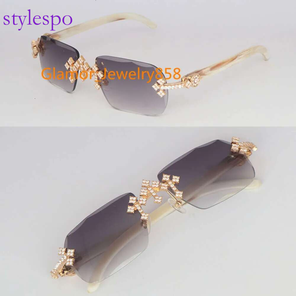 Moissanite Set Rimless Womans Big Stones Dia Sun glasses Original White Horn Limited edition Sunglasses Men Woman Size 58 New