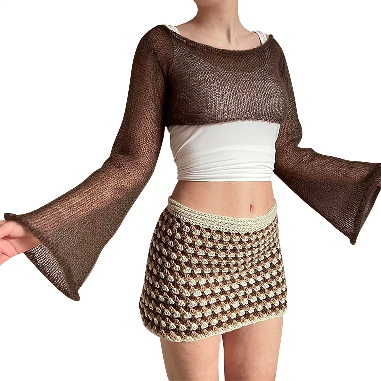 Fairycore Grunge Knitted Top Womens Retro Y2K Clothing Smoking Hook Short Sleeve Hollow Pullover Sweater 250407