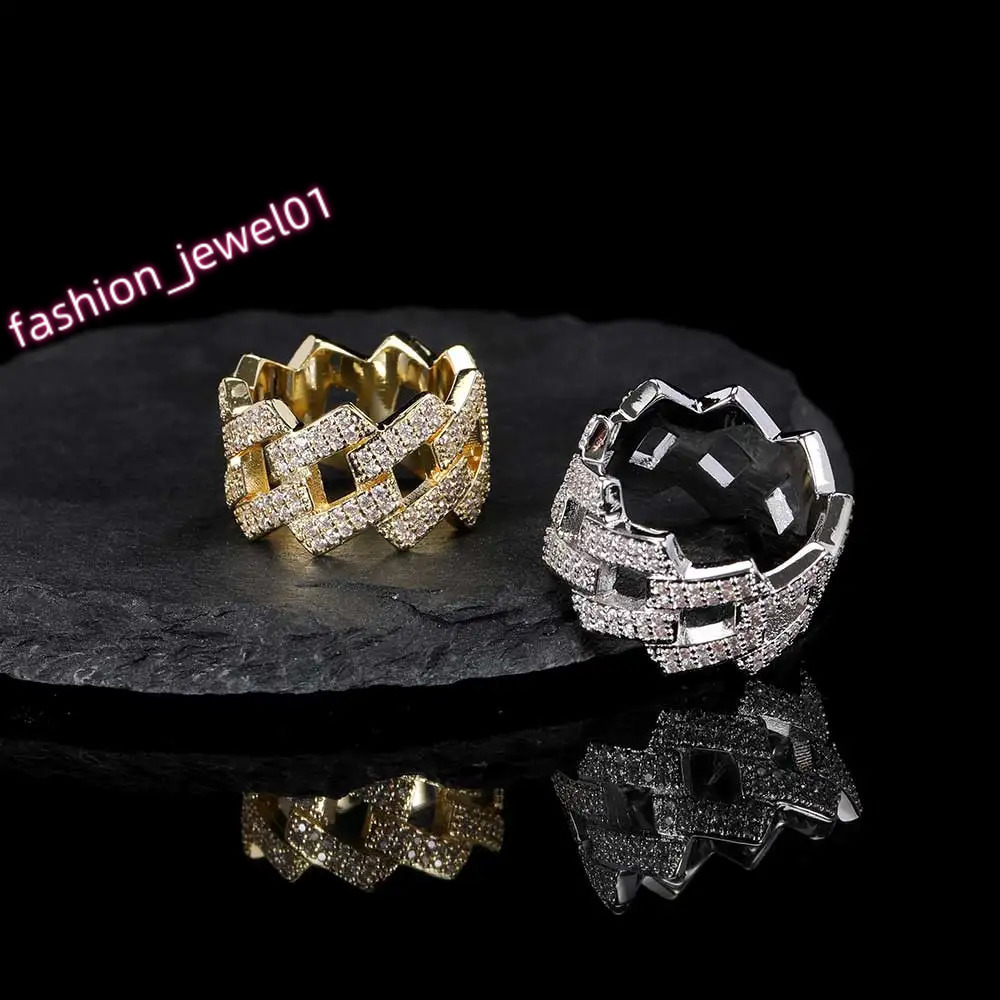 Hip Hop Fashion Iced Out For Men Brass Setting Cubic Zircon 14MM Cuban Ring Luxury Rhombus Jewelry