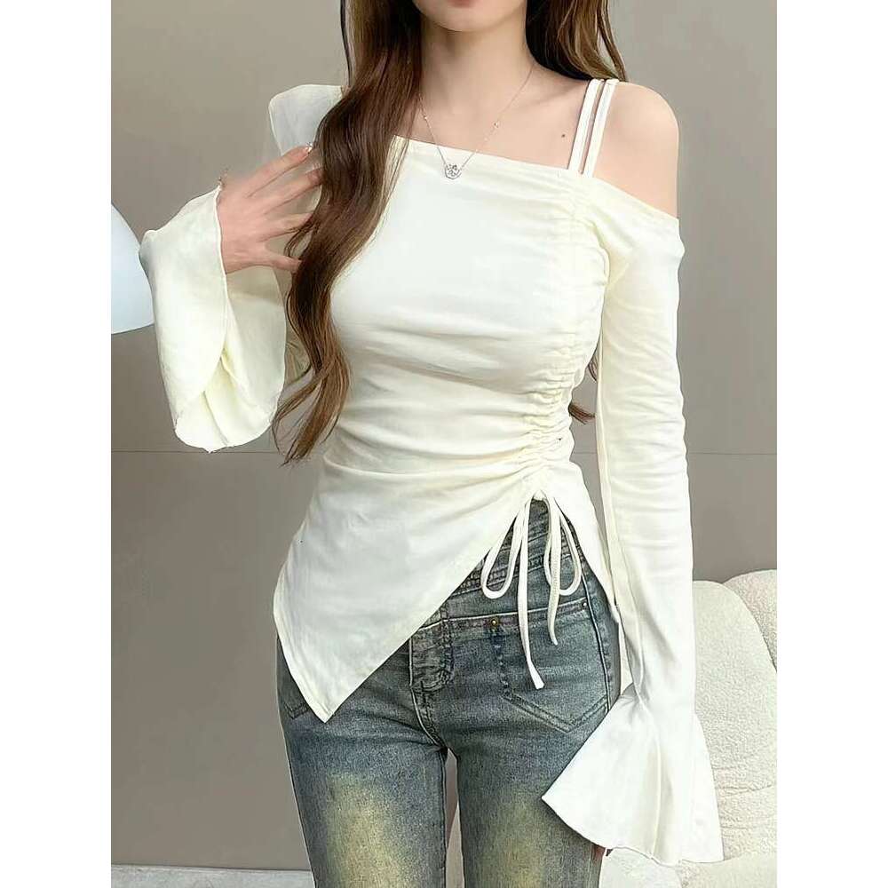Sweet Sexy Drawstring Ribbon White Off Shoulder Top Women Basic Long Body T-Shirt Elegant Flare Sleeve Lady Tees