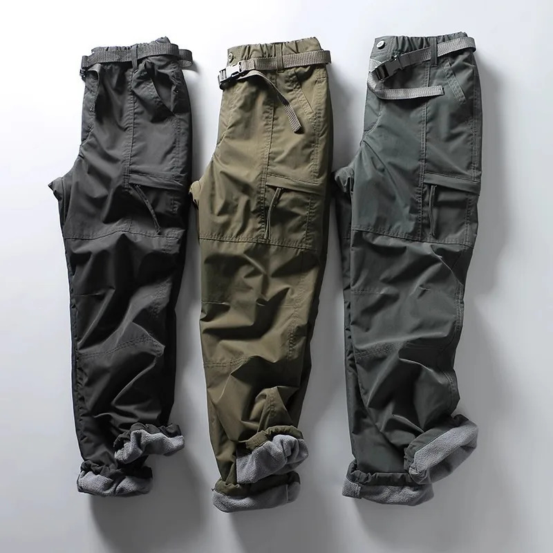 Casual Cargo Pants Thicken Outdoor Waterproof Fleece Men Winter Warm Loose Straight Overall Long Trousers Multipockets 251113