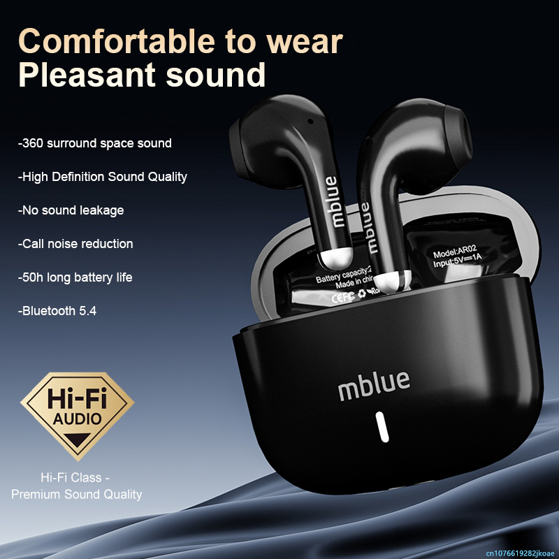 Original mblue AR02 Earphone True Wireless Bluetooth 5.4 Headphone HiFi Stereo Outdoor Sports Headset HD Mic Call Earbuds 200mAh Charging Case