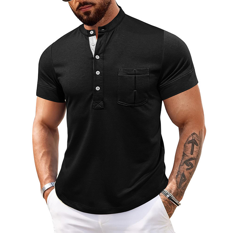 Mens short sleeved Henry shirt fitness tough guy mens T-shirt high-end cotton top summer