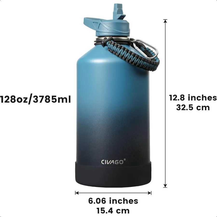 Gallon Insulated Water Bottle Jug with Straw 128 oz Large Stainl Steel Water Flask Big Metal Thermal Mug with 3 Lids for Sports C251114