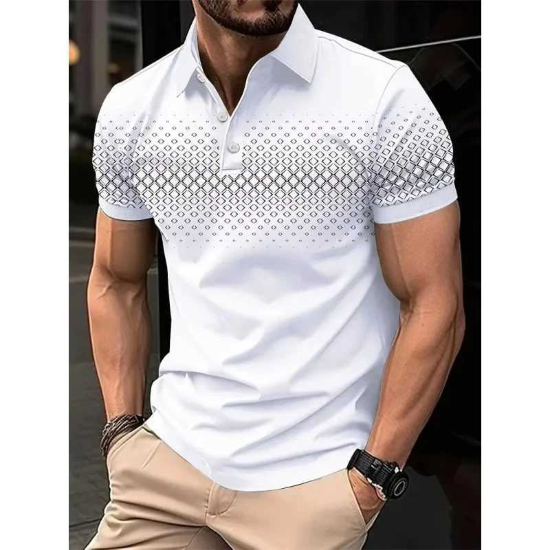 3D printed mens simple geometric polo shirt with colorful graphics short sleeved T-shirt casual button top loose polo shirt W250414