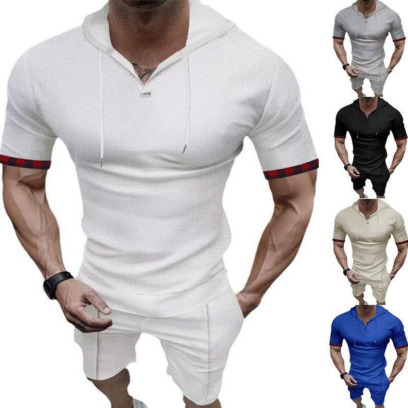 2025 Summer New Men's Waffle Hooded Short sleeved Shorts Casual Sports Set for Men