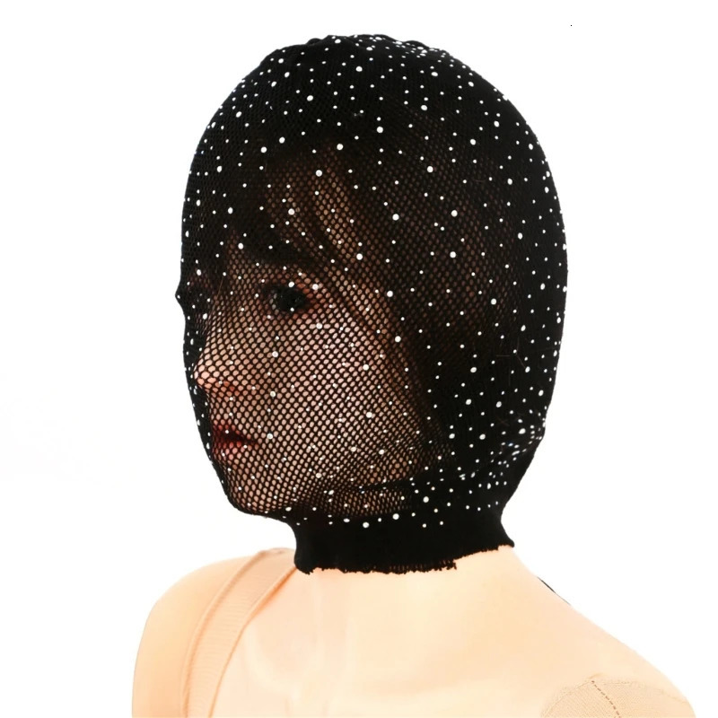 Black Stocking Head Cover with Rhinestones Tie Balaclava Face Mask Couple Play Black Head Wrap Full Hood Costume 250410