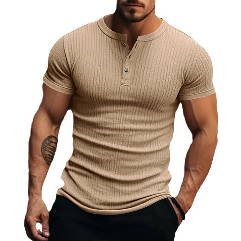 2025 casual men's with button down design, Henry collar, sports short sleeved T-shirt for men