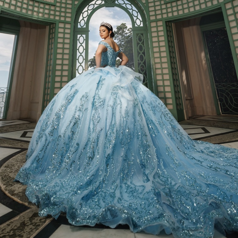Sky Blue Shiny Princess Quinceanera Dresses Off Shoulder Sequin Applique Lace Beading Tull Sweet 16 Dress Ball Gown Vestidos 15 De Anos