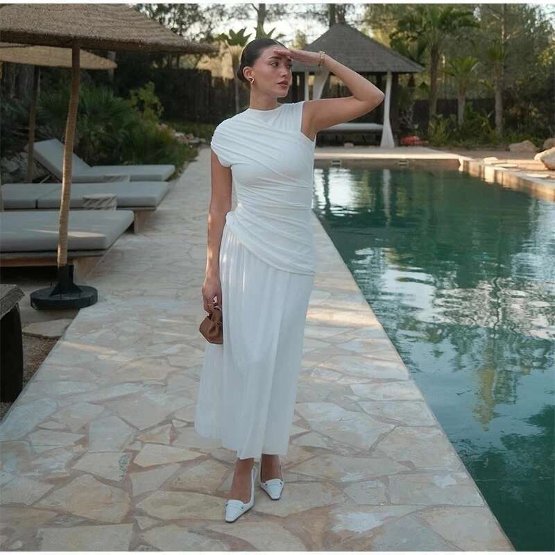 2024 Y2k Elegant White Women Asymmetry Maxi Dress Fashion O-Neck Sleeveless Pleated Bodycon Dresses Summer Lady Vacation Robes