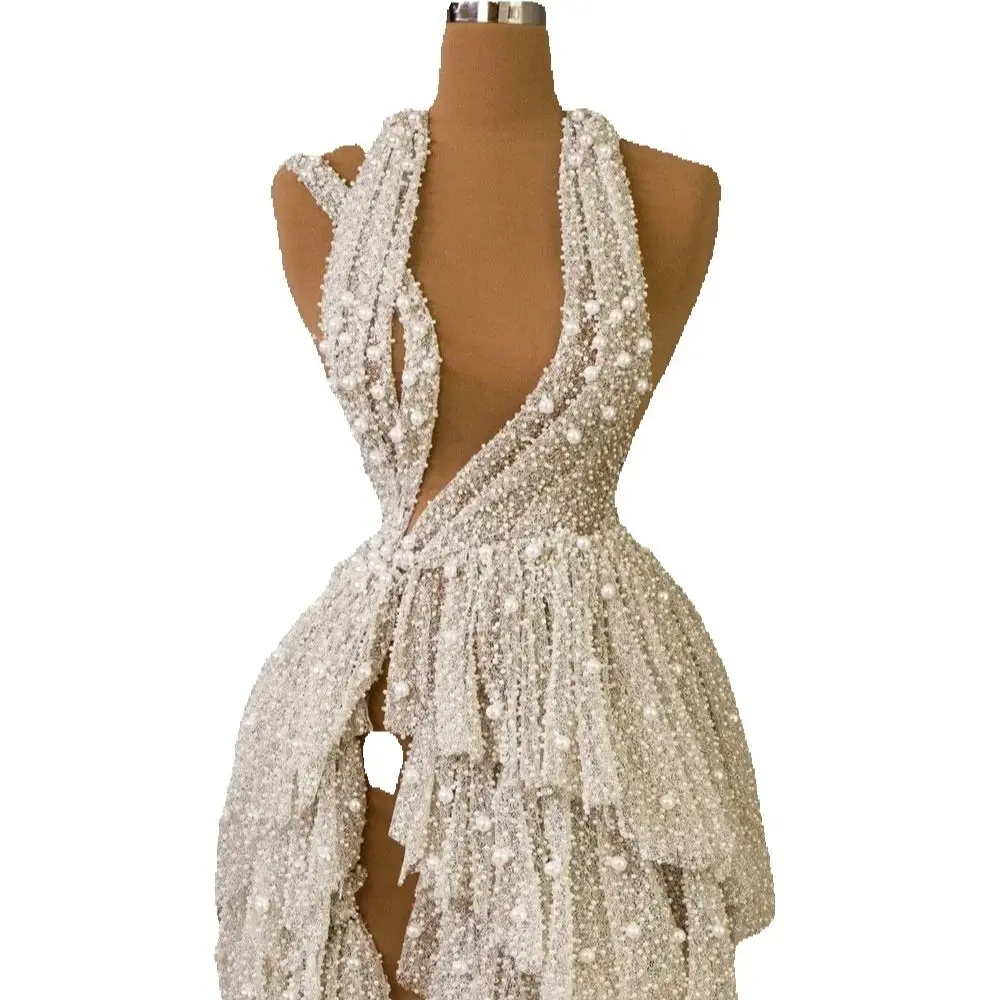 Luxurious Pearls Wedding Dress Customized Sleeveless Halter Neck Bridal Dresses Side Slit Up Vestidos De Novia