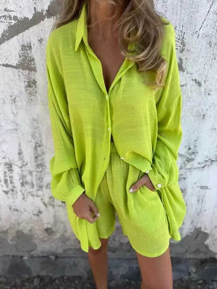 New casual solid color cotton linen set womens spring/summer 2025 shorts long striped shirt two loose fitting setsXJ250414