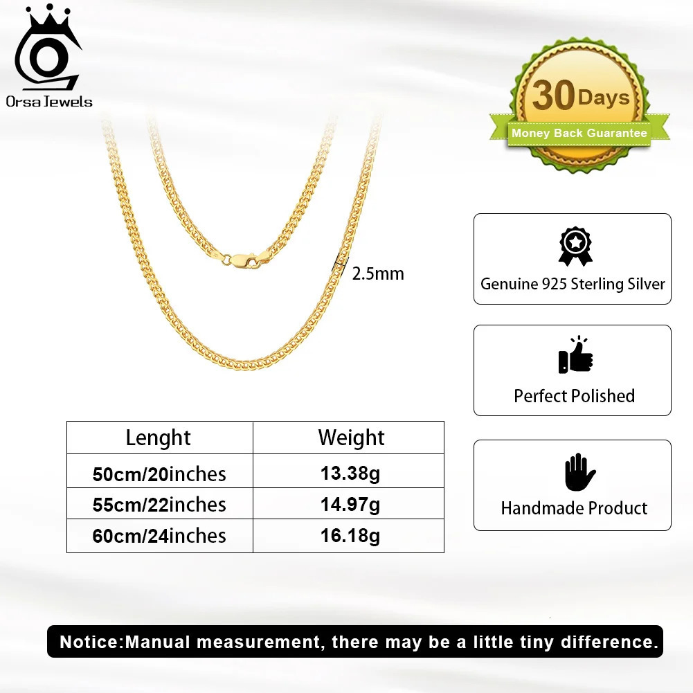 ORSA JEWELS Hip Hop 18K Gold 2.5mm Franco Chain Necklace for Men Fashion 925 Sterling Silver Choker Necklace Party Jewelry NMN13 250407