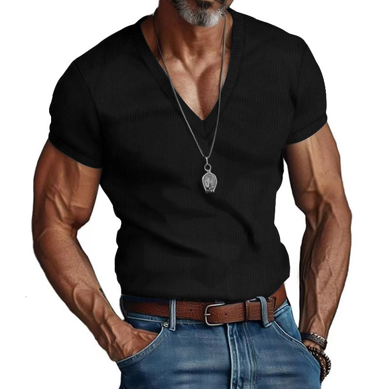 Mens corduroy short sleeved summer mens V-neck solid color slim fit casual T-shirt mens top