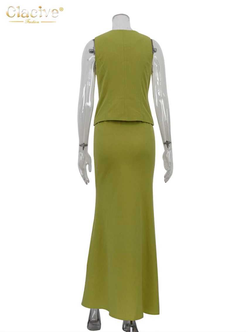 Clacive sexy ultra-thin green cotton 2-piece womens dress 2024 summer velvet free vest top mid waist long skirt set FeXJ250414