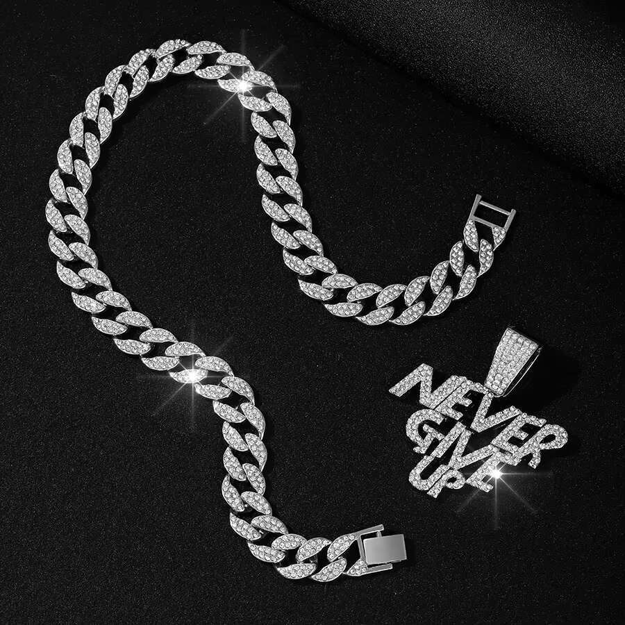 DHCollection Unisex Hip Hop Never Give up Pendant with Cuban k Chain Gold and Sier Plated for Gift or Party