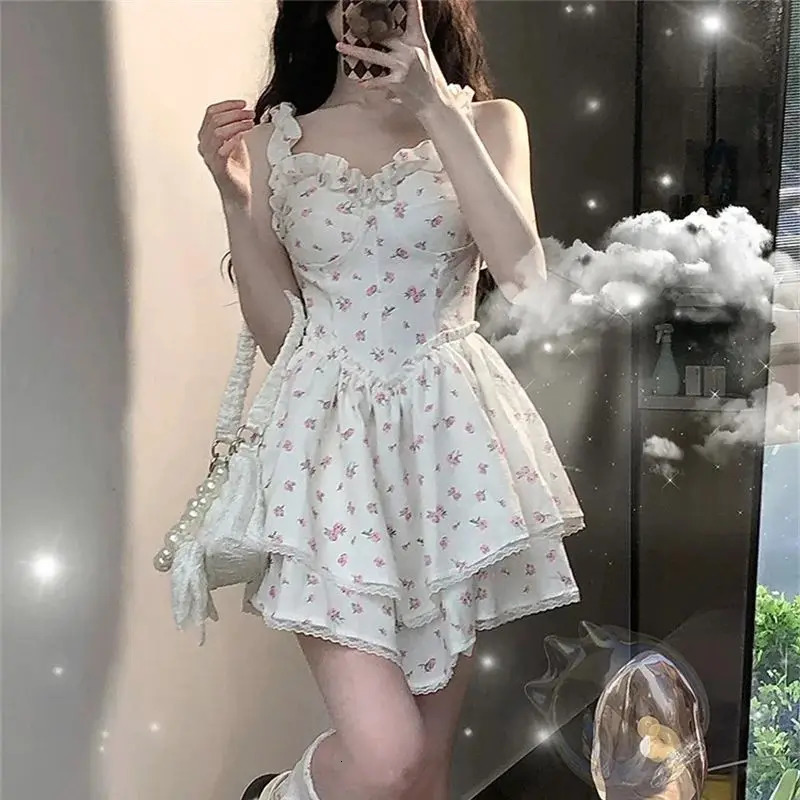 2024 Summer Lace Sweet Dress Retro Sleeveless Elegant Cute Mini Printed French Temperature Fashion Belt 250414