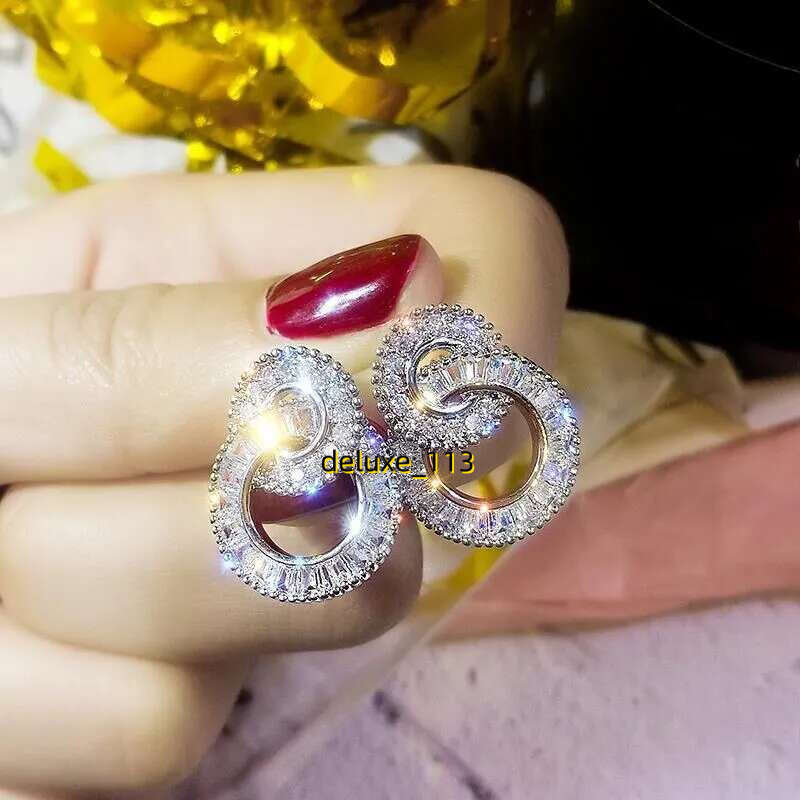 2025 Top Sell Classical Jewelry Stud Earrings Sterg Sier Full Princess Cut White Topaz CZ Dia Gemstones Elegant Women Double Circle Earring Gift