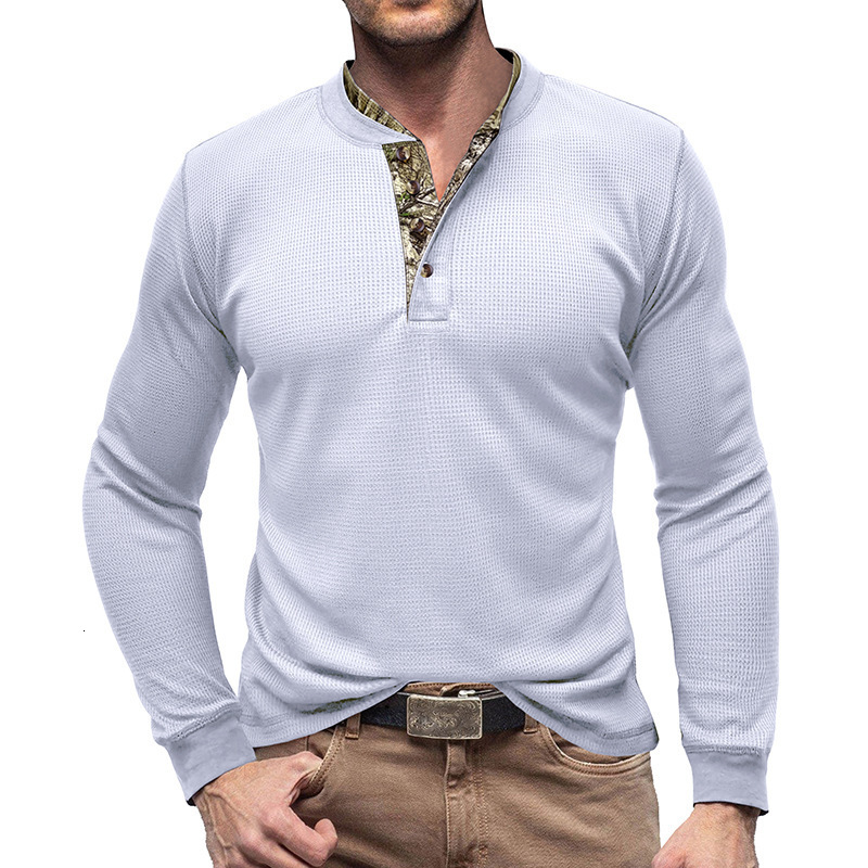 Mens long sleeved outdoor bottoming shirt Mens Henry T-shirt Waffle round neck top