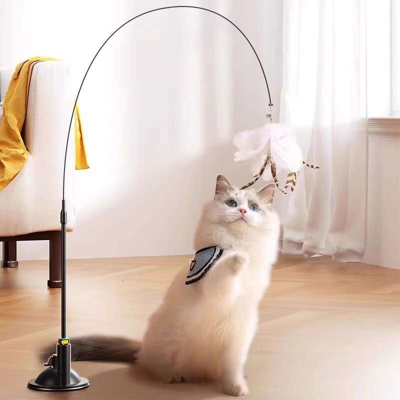 Suction Cup Floor-Suction Teaser Wand Cat Toy Self-Entertainment Base Steel Wire New Durable Feather Replacement Head Bite-Resistant cat toy