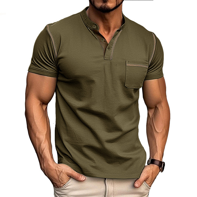 2024 Summer Mens Short sleeved Mens T-shirt Mens Henry Shirt Color Block T-shirt Mens