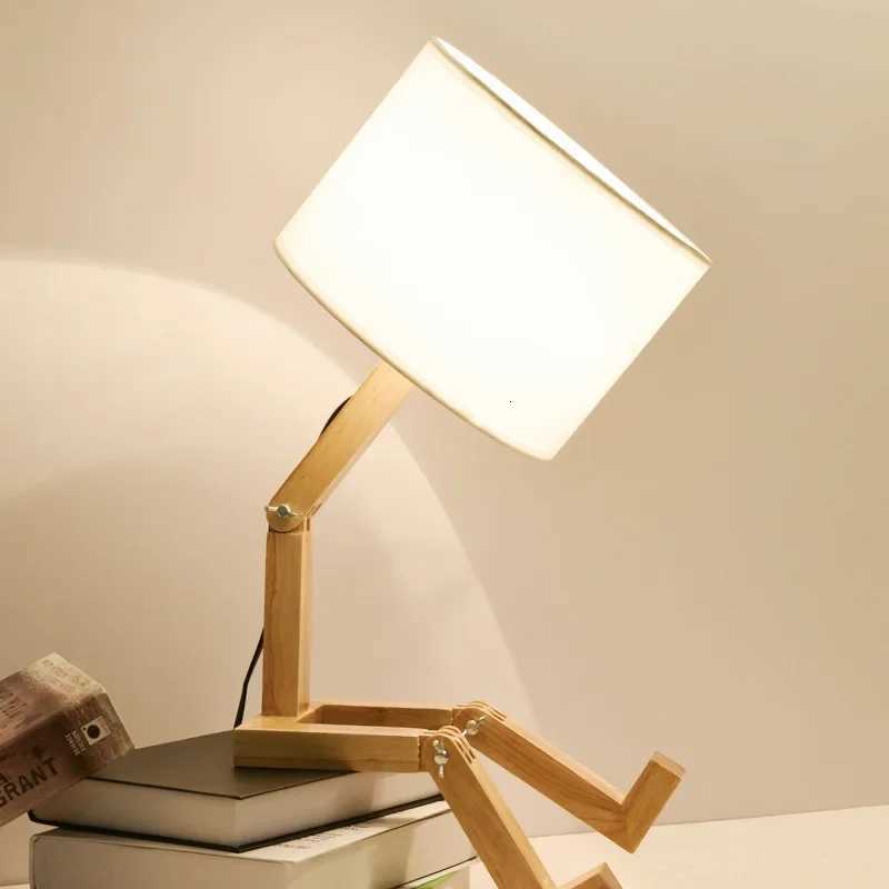 Adjusted Robot Shape Table Lamp E27 Wooden Fabric Bedroom Lamp Fold-able Desk Light for Living Room Study Room Drop Shipping M251114