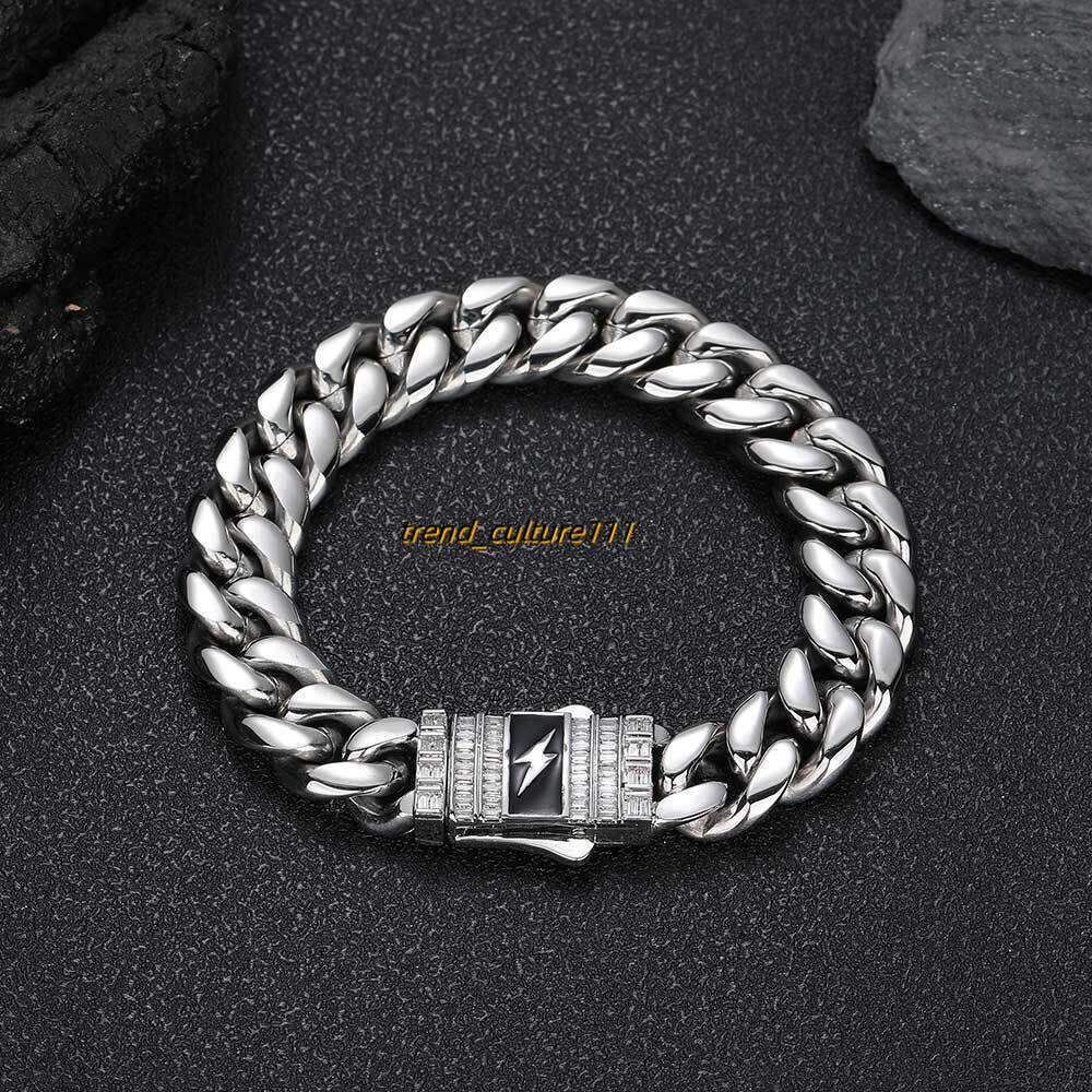 New Lighing Moissanite Spring Buckle Stainless Cuban Hip Hop Titanium Steel Jewelry Men's Bracelet