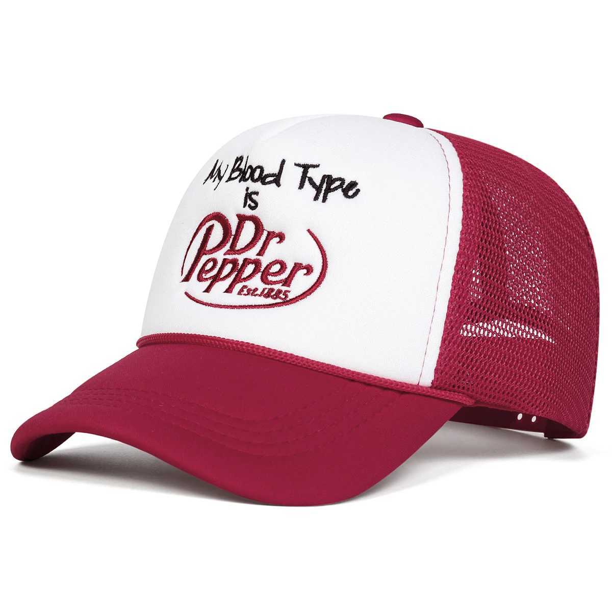 The unisex My Blood Type is a Dr Pepper embroidered baseball mesh cap for spring and summer outdoor sun protection adjustable casual truck cap W250414